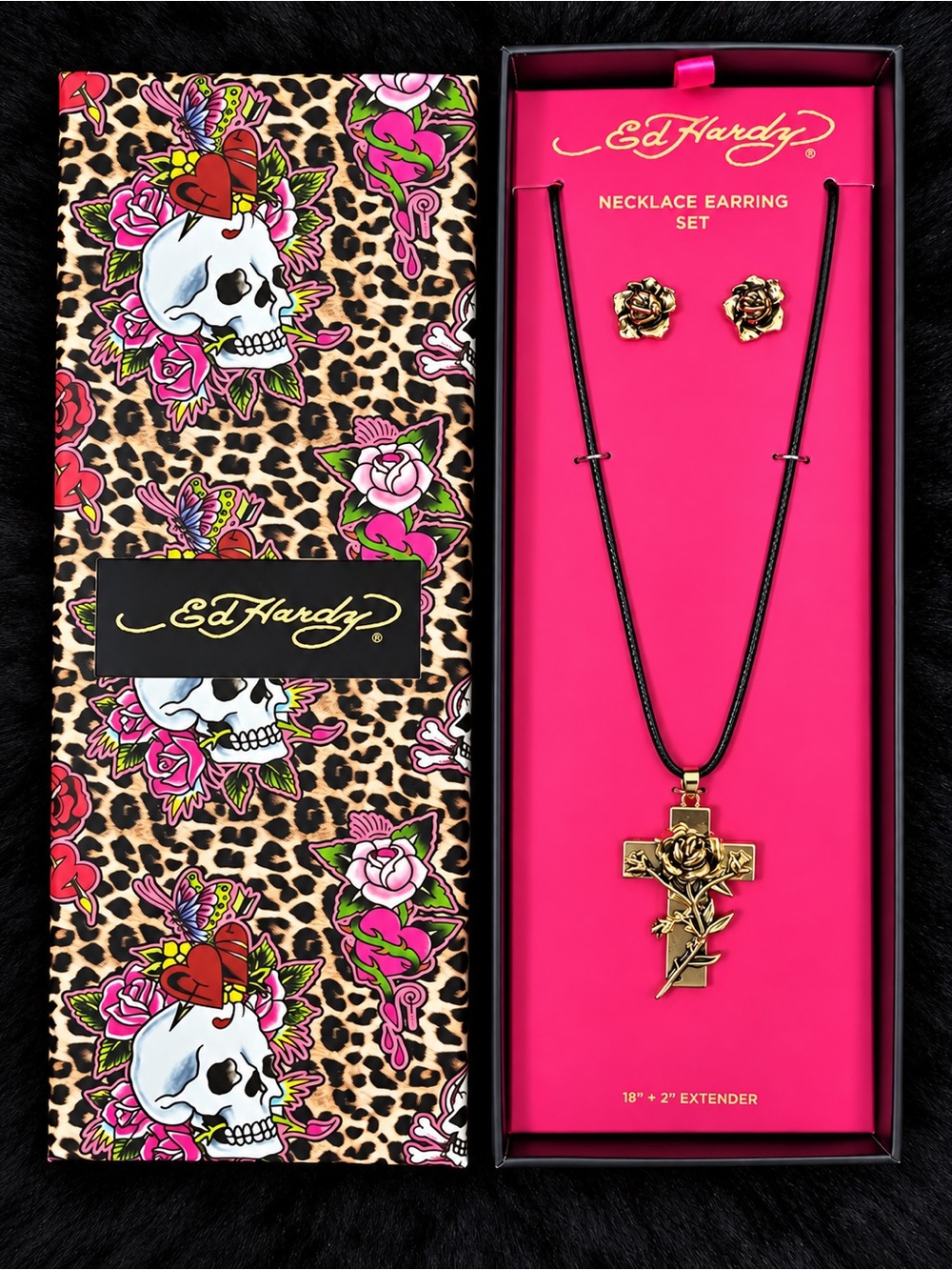 Ed Hardy Gold Rose Cross Necklace with Gold Rose Studs